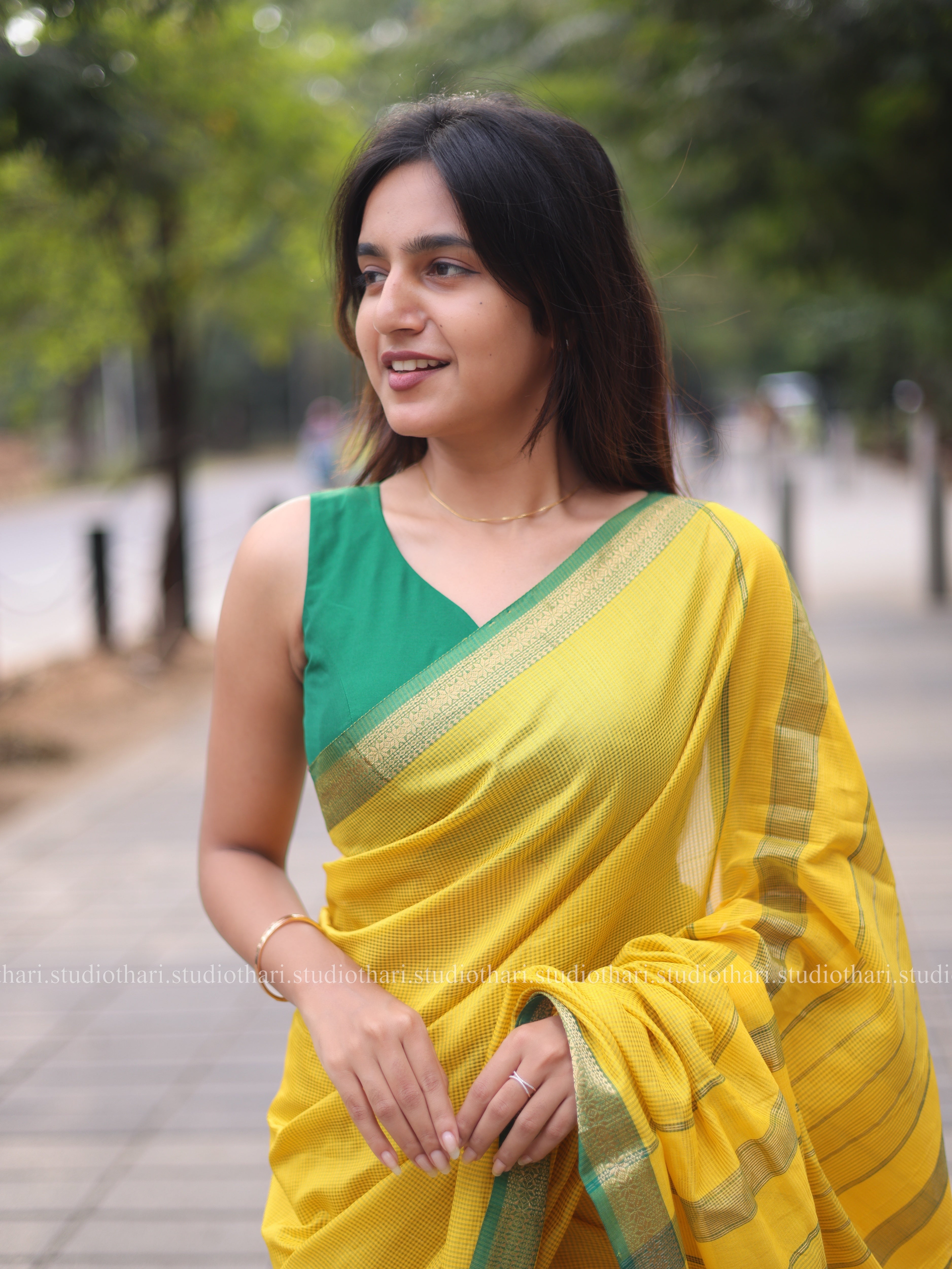 Yellow with green Border Pure Maheshwari Silk cotton saree